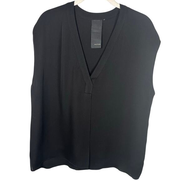 HEATHER 100% Silk Black V-neck Front Slit Sleeveless Blouse Women's Large - Picture 1 of 8